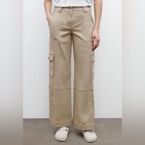 TWP Coop Wide Leg Pant with Cargo Pockets in Cotton Twill Khaki Tan - Size 6